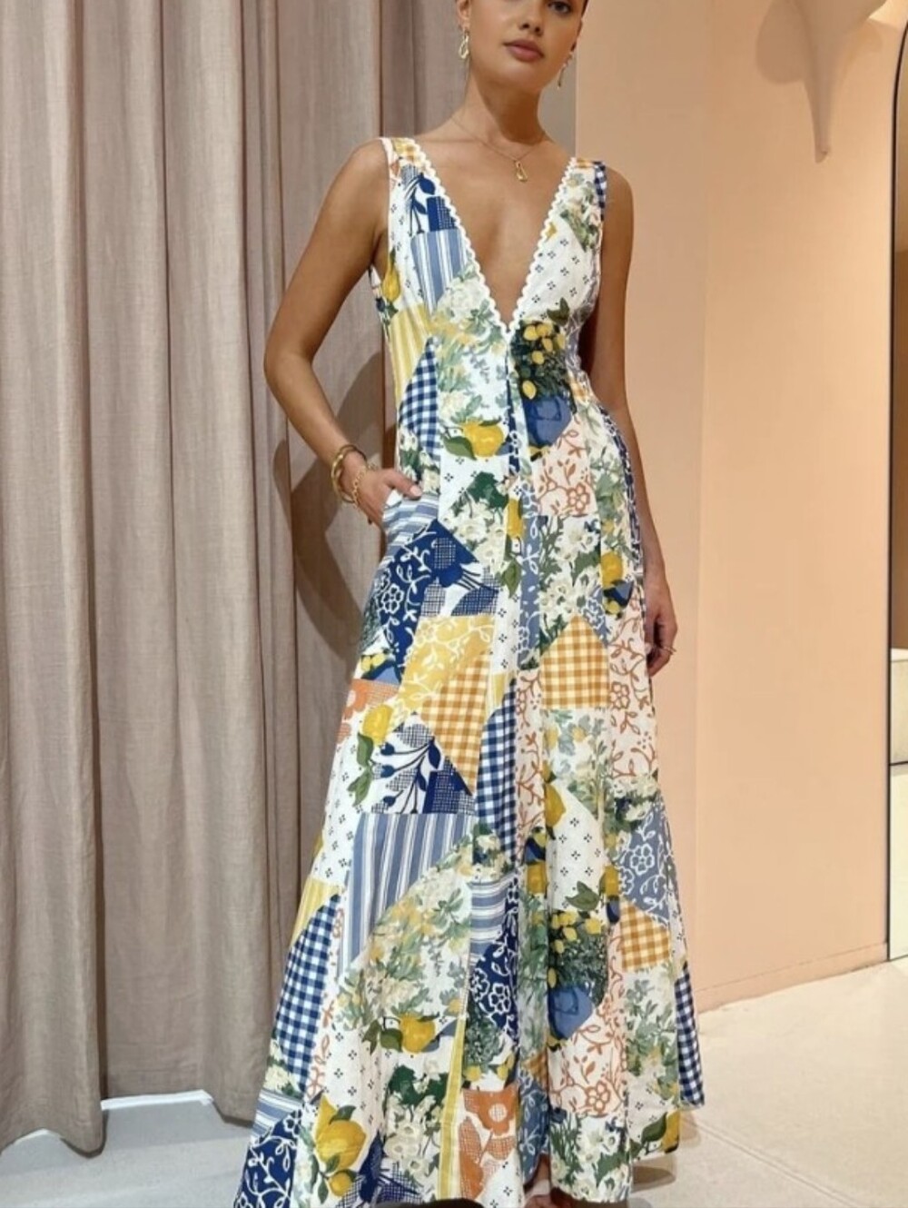 Commense Maxi Dress Cottage Core Floral Patchwork Print Vintage Inspired XL NWT